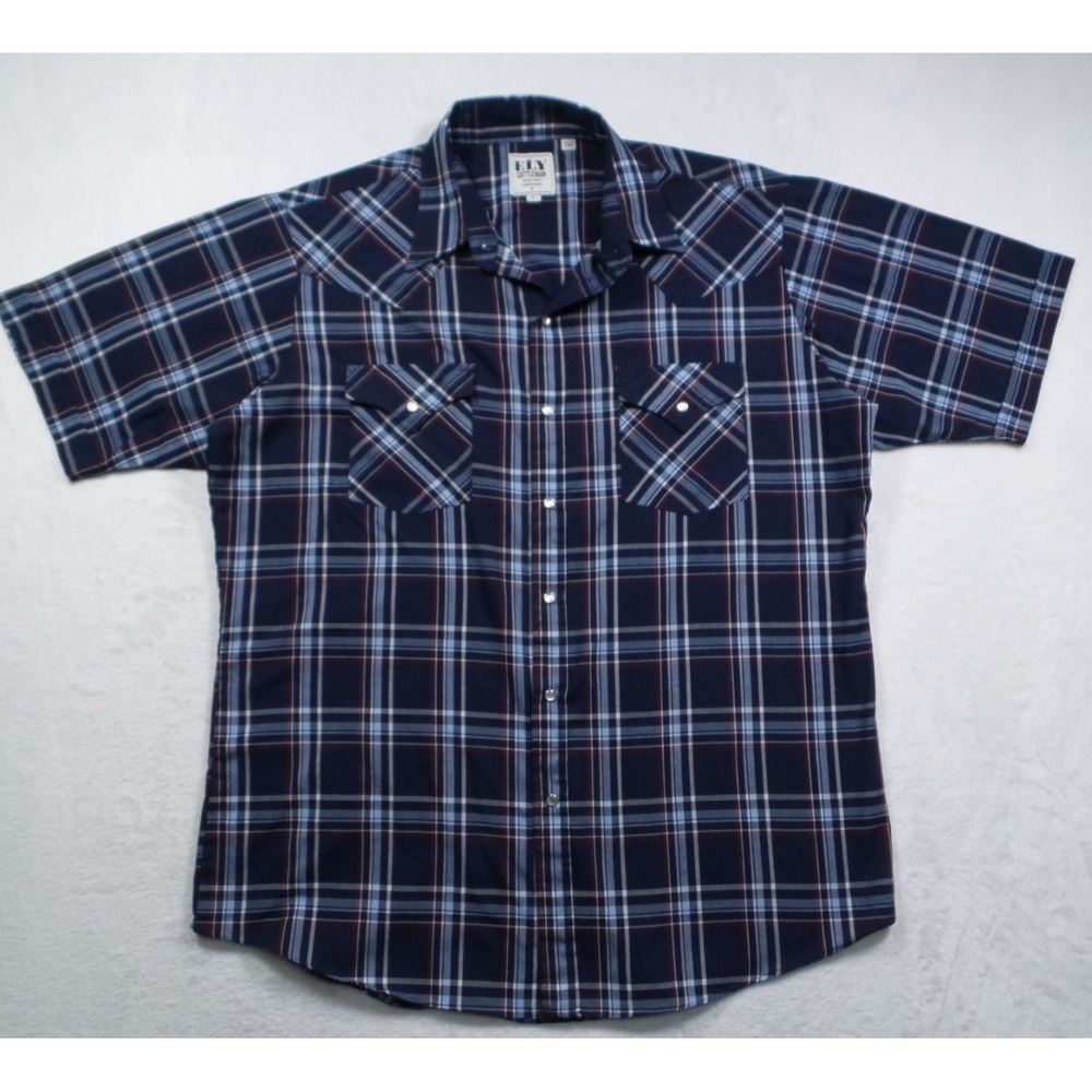 Ely Cattleman Shirt Mens Size‎ Large Blue Plaid Short Sleeve Pearl Snap Pockets